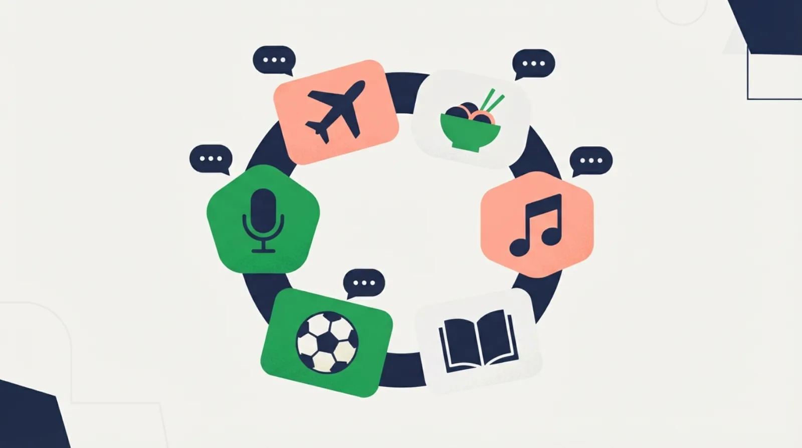 Speech bubbles with small icons for food, travel, music and work