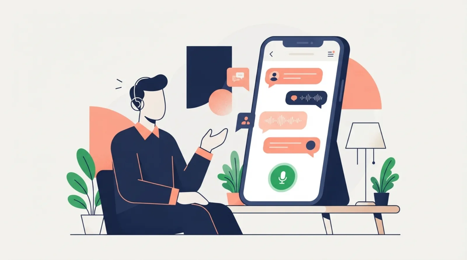 A young person talking into a phone with headphones on, chat bubbles around