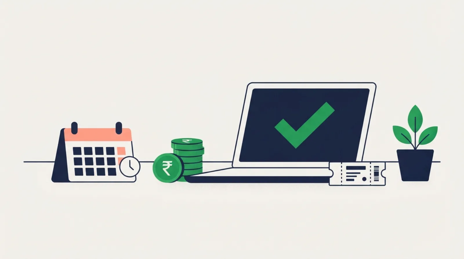 A booking calendar, a stack of rupee coins and a laptop with a confirmation tick