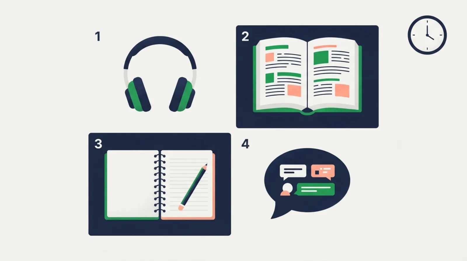Four zones of a desk: headphones, an open book, a notebook with a pen and a speech bubble