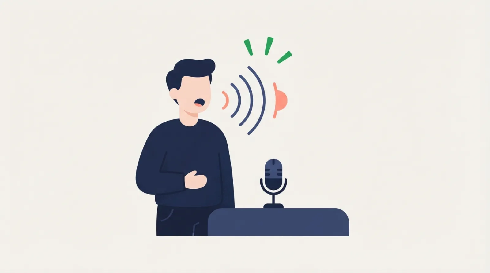 A person speaking, with sound waves and stress marks next to a microphone