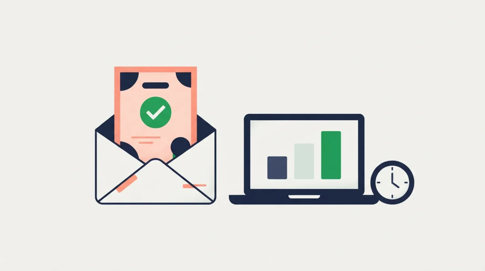 An envelope with a certificate, a laptop and a tick