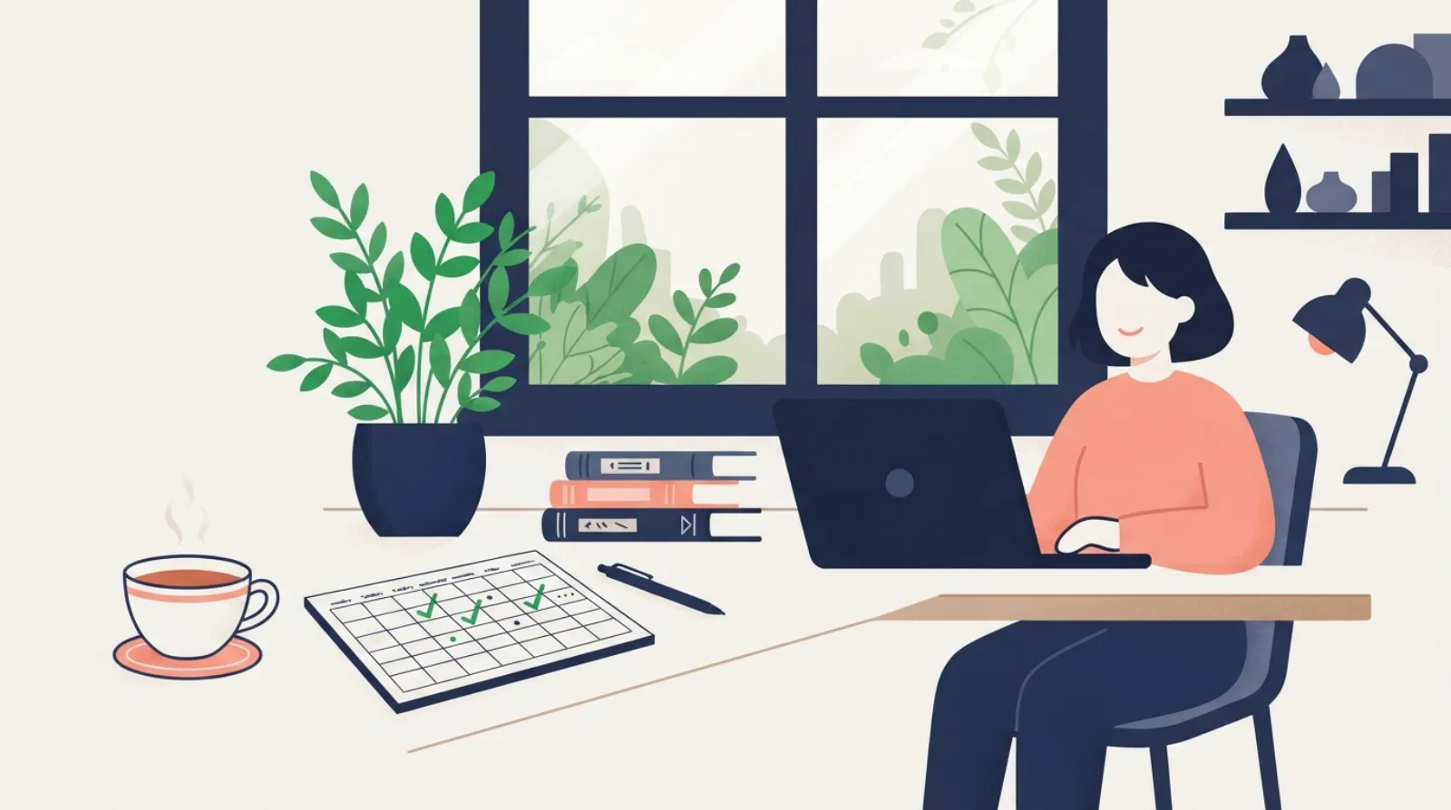 Un escritorio en casa con portátil, libros y un plan semanal