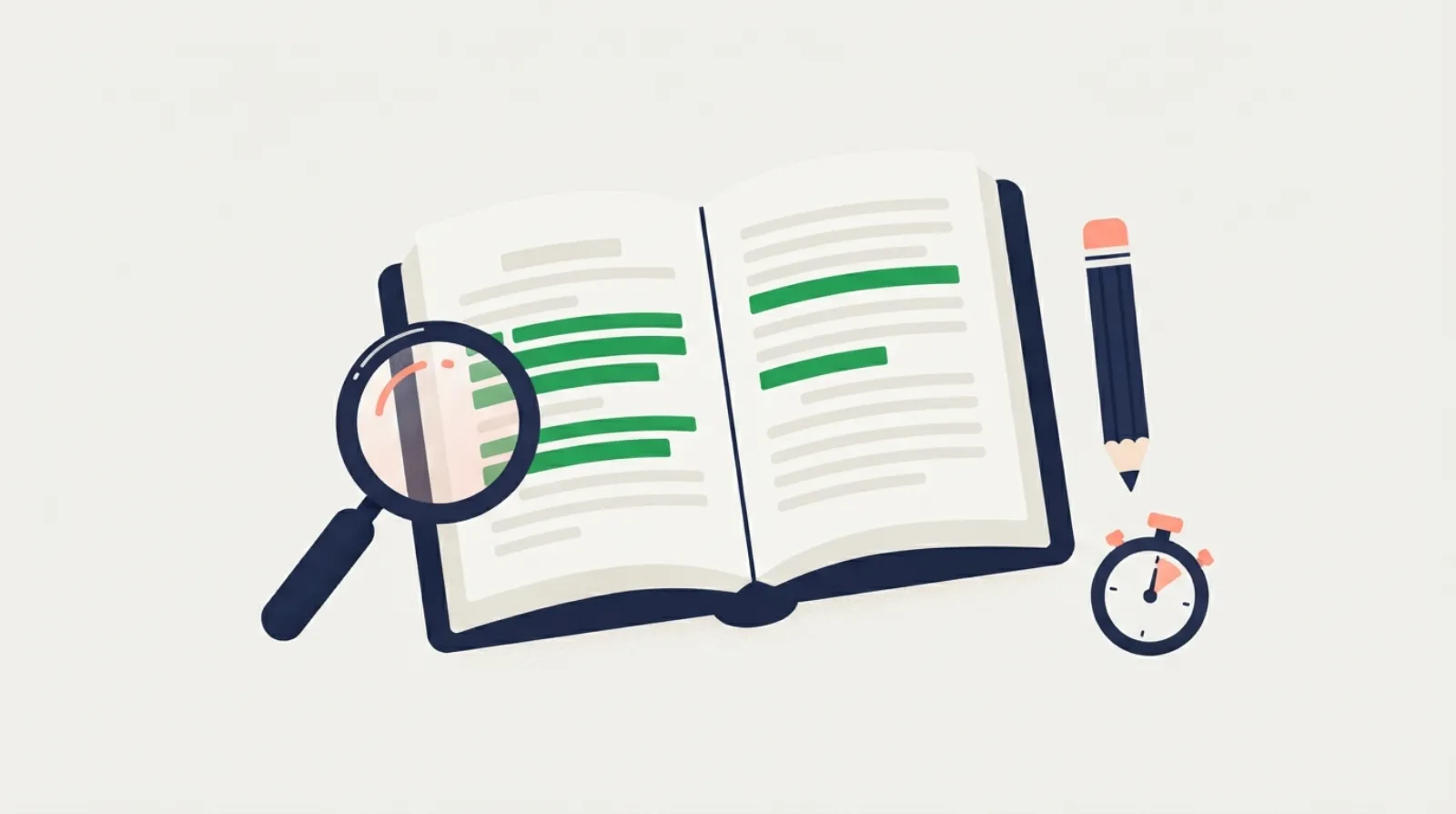 An open book, a text with highlighted lines and a pencil