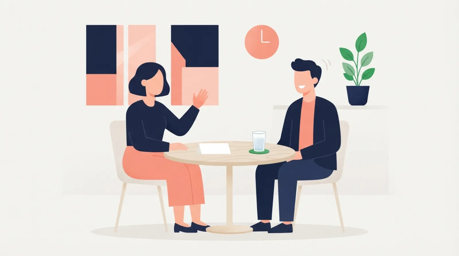 Two people at a small table in an exam room, a name card and a glass of water